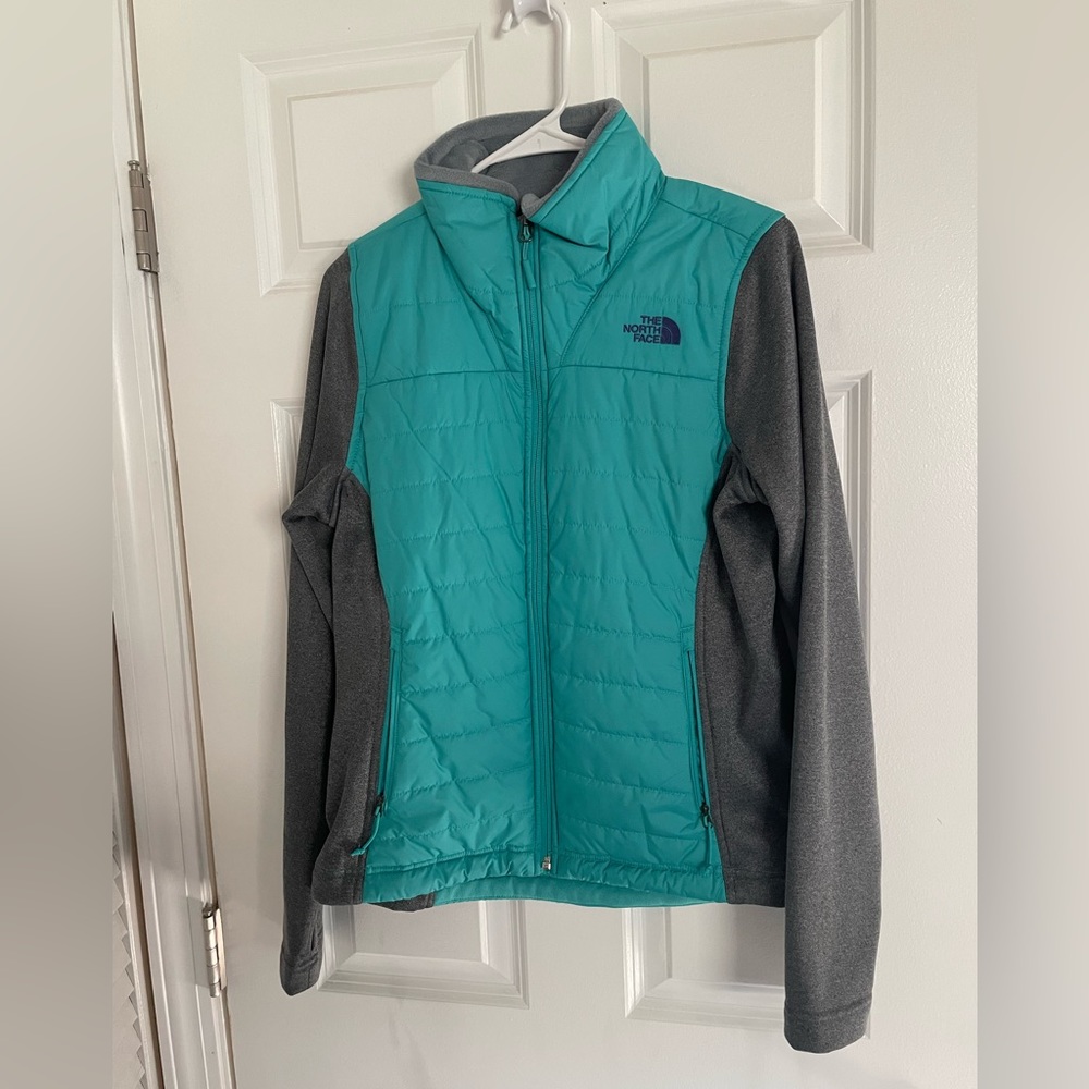NORTH FACE full zip hybrid puffer jacket.  Teal and gray. Size M